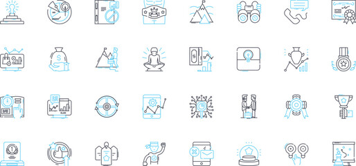Marketing plan linear icons set. Strategy, Budget, Goals, Research, Tactics, Targeting, Branding line vector and concept signs. Channels,Audience,Positioning outline illustrations