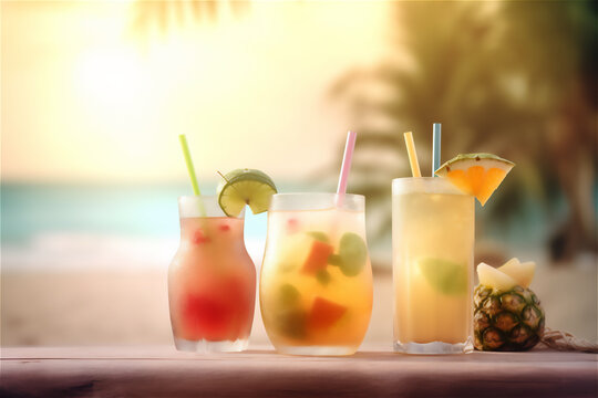different exotic summer drinks on a sandy beach background, capturing essence of tropical getaway