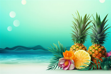 Pineapples tropical fruit palm leaves background of beach sea showing Summer concept.