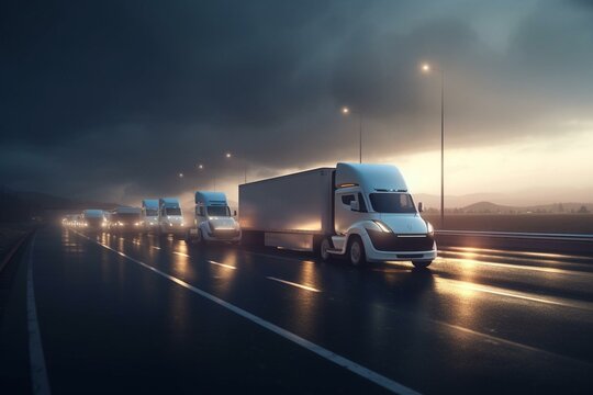 A group of self-driving trucks on a highway. Connected vehicles idea. 3D rendered image. Generative AI