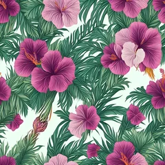 Poster seamless pattern with flowers, : A nostalgic Exotic Pineapple And Hibiscus Seamless pattern with soft pastel colors and delicate details, rendered background © Yasir