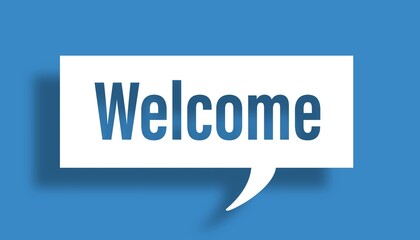 Welcome message for card, presentation, business. Expressing gratitude, acknowledgment and appreciation. Minimalist abstract design with white cut out paper on blue background. welcome business card.