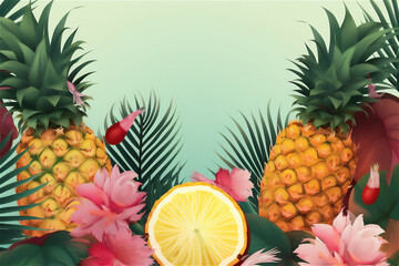 Pineapples and tropical palm leaves background with copy space showing Summer concept.