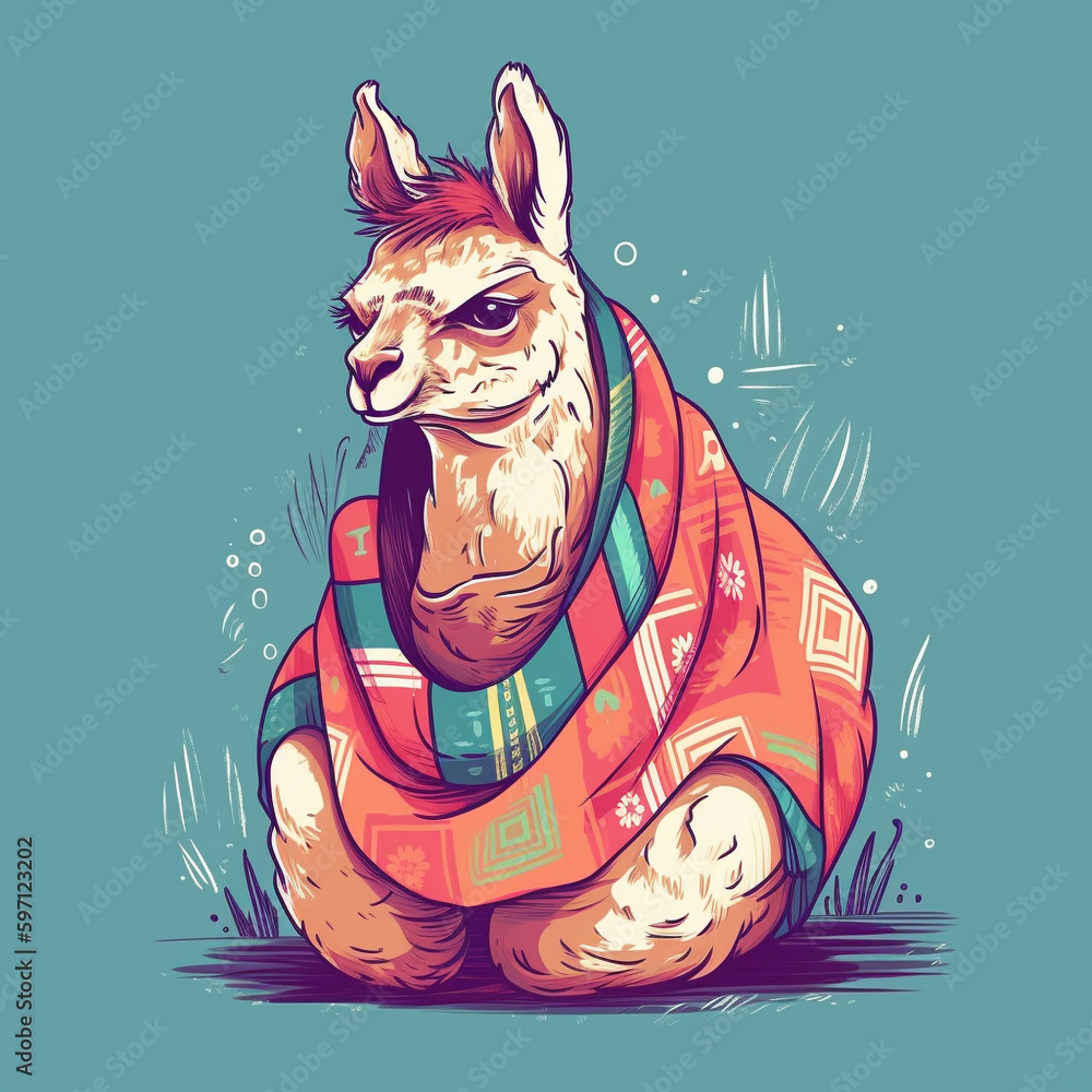 Wall mural quirky llama with a colorful blanket on its back, always ready to spit some humor ai generated