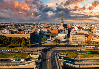 Fototapeta na wymiar Aerial view of the Riga old town in Latvia. Beautiful historical buildings and Domes cathedral. Summer in Riga.