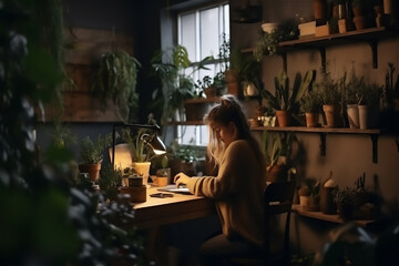 woman working in a home office with a biophilic interior design that features many green plants