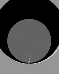 Woman Abstract Futuristic Large Scale Tunnel Tube Hole Art Space Grey Black White Dreamlike Aesthetic 3d illustration render digital rendering