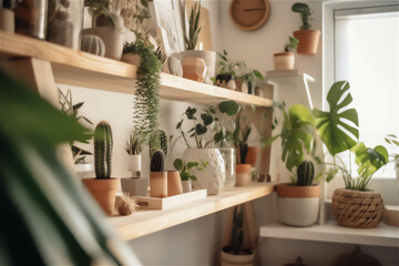 A stylish and authentic home space with carefully curated shelves of indoor plants and decor