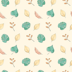 Minimalistic tree leaves seamless pattern with 5 types of leaves. Floral and nature texture, background. 