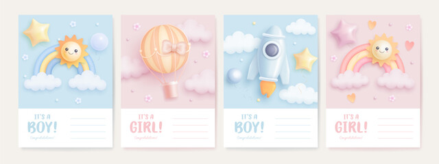 Fototapeta na wymiar Set of baby shower invitation with cartoon rainbow, sun, rocket and hot air balloon on blue and pink background. It's a boy. It's a girl. Vector illustration