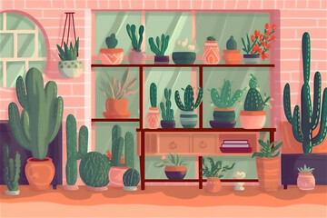 Indoor garden oasis with biophilic interior design featuring an array of lush plants and a sleek mirror accent