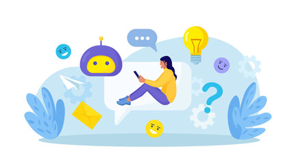 Customer talking with chatbot. Person chatting with robot, asking questions and receiving answers. Artificial Intelligence in marketing. FAQ. Chat bot virtual assistant. Customer support