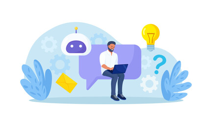 Obraz na płótnie Canvas Customer talking with chatbot. Person chatting with robot, asking questions and receiving answers. Artificial Intelligence in marketing. FAQ. Chat bot virtual assistant. Customer support