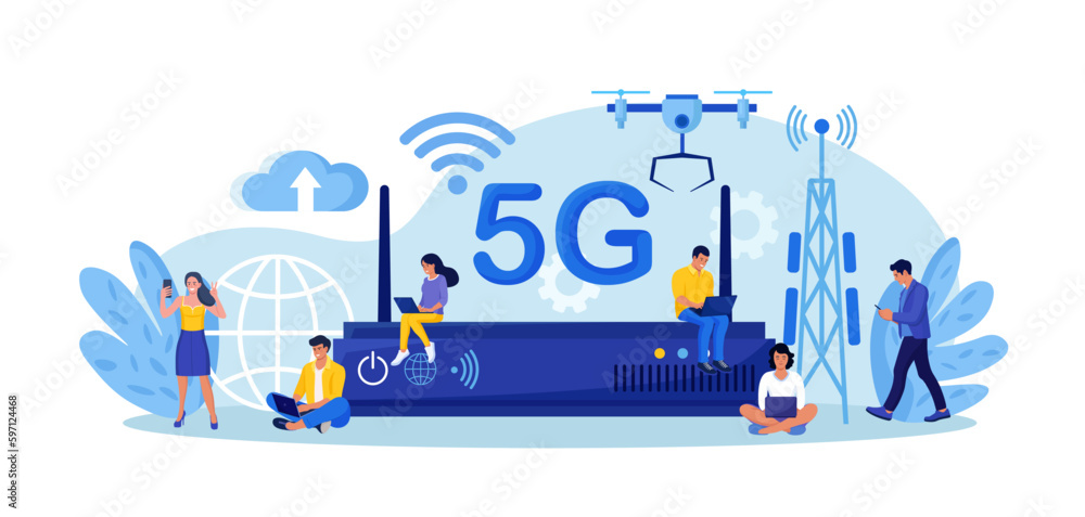Wall mural 5g network wireless technology to increase speed, internet connection stability. wifi router, wirele