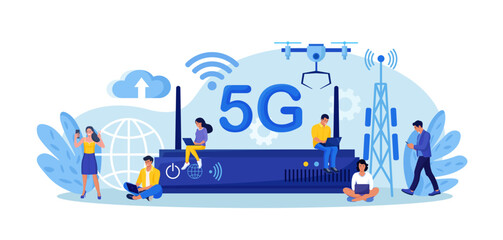 5G network wireless technology to increase speed, internet connection stability. Wifi router, wireless access point. High-speed mobile Internet. People with smartphones use new generation networks