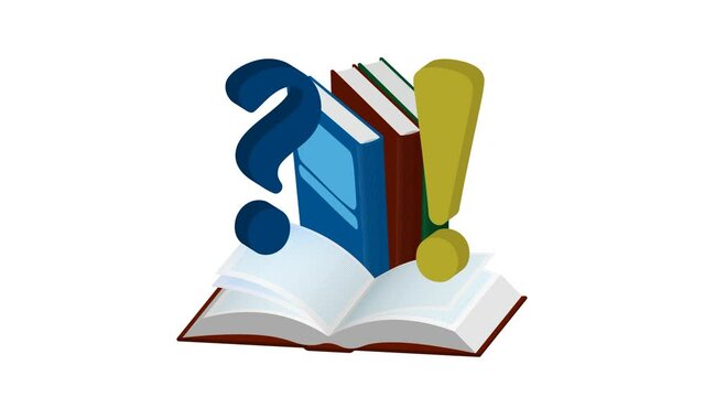 Animated cheerful open isometric book with question and exclamation marks. Studying at school, reading library books. Cartoon looped video isolated on white background
