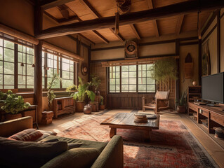 Fototapeta na wymiar Living room for interior architecture with Japan style, Rustic Japanese style with a focus on natural materials