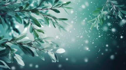 Green mistletoe delicate branch with leaves on a pale green background. Winter abstract illustration. Generative AI.