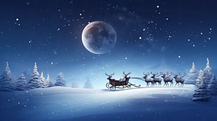 Obraz na płótnie Canvas Winter snowy landscape with Santa on a sleigh and reindeer. Generative AI. 