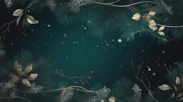 Christmas arrangement of pine and gold leaves on a green background. Generative AI.