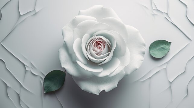 Single blooming white rose on white ripped backdrop. Festive abstract background. Elegant wallpaper and wedding texture. Generative AI.