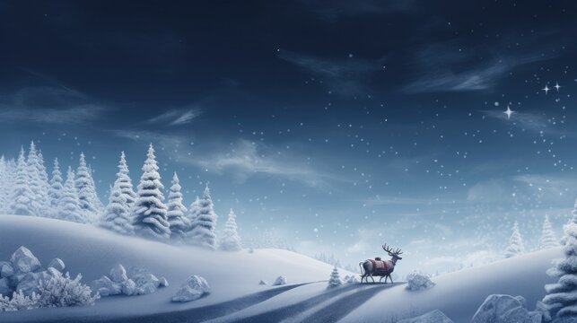 Winter snowy landscape with Santa on a sleigh and reindeer. Generative AI. 