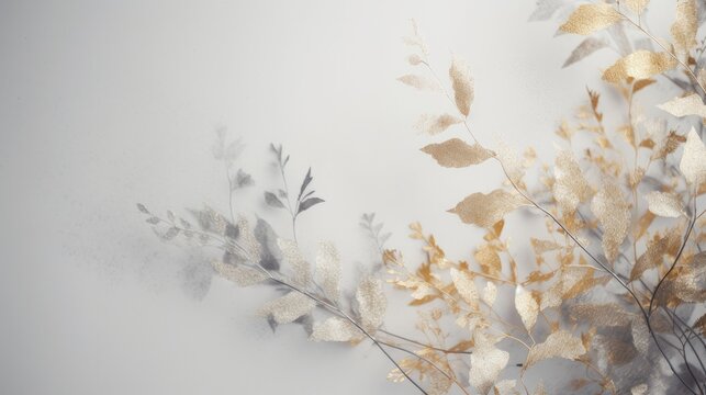 Christmas-themed abstract background. Golden branch, leaves and ornaments in a Christmas mood. Generative AI.