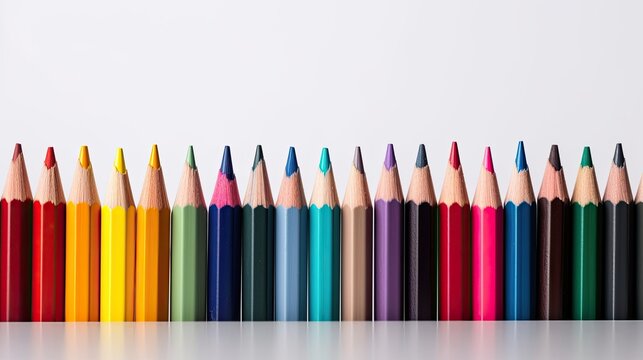 Row of sharpened pencils. Multicolor painting on white backdrop with copy-space. Abstract background, back to school. Generative ai composite.