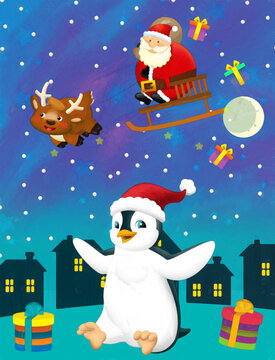 Christmas happy scene with penguin and santa claus is flying with deers - illustration for children artistic painting scene