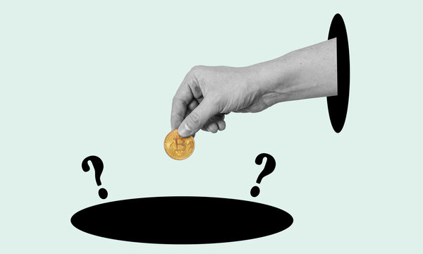 Art collage, the hand with cryptocurrency throws a dark hole into the unknown.