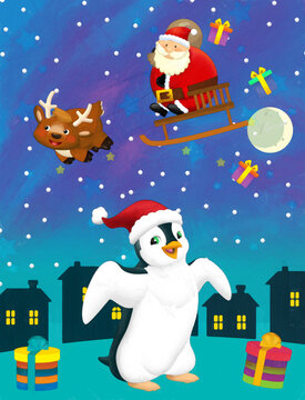 Christmas happy scene with penguin and santa claus is flying with deers - illustration for children artistic painting scene