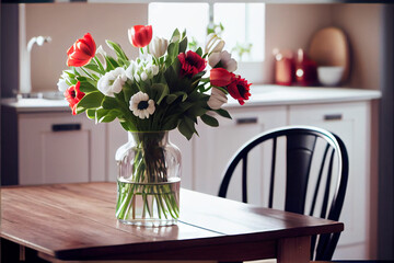 Fototapeta na wymiar A bouquet of tulips on a table. In the background, the interior of a white kitchen, AI Generated