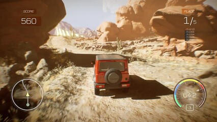 3D computer graphics of car racing simulator. Vehicle driving along the canyon or off-road out of the city. Gameplay of racing video game with user interface. App playback on PC or mobile screen.