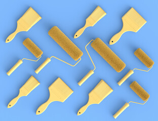 Set of metal cans or buckets with paint rollers and brushes on monochrome.