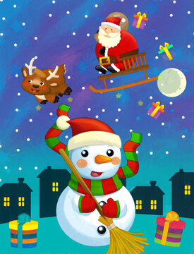 Christmas happy scene snowman and santa claus is flying - illustration for children artistic painting scene