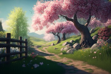 beautiful colorful spring landscape background, generative ai