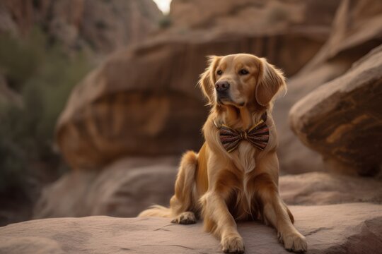 Lifestyle portrait photography of an aggressive golden retriever wearing a bow tie against gorges and canyons background. With generative AI technology