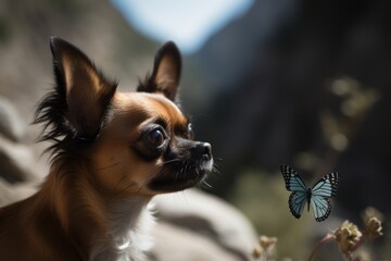 Lifestyle portrait photography of a curious chihuahua having a butterfly on its nose against gorges and canyons background. With generative AI technology