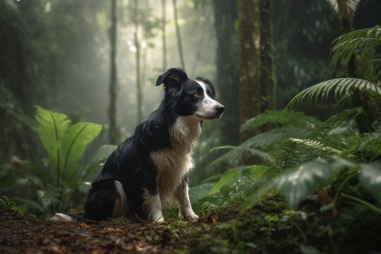 Full-length portrait photography of a curious border collie having a paw print against tropical rainforests background. With generative AI technology