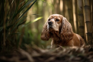 Medium shot portrait photography of an aggressive cocker spaniel having a paw print against bamboo forests background. With generative AI technology