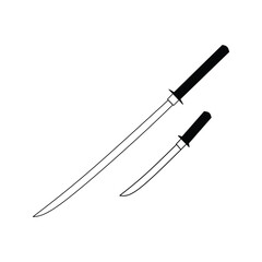 black and white katana sword set isolated on white background. weapon, sword, katana, knife, blade, cut, attack, ninja, samurai, japanese sword, sticker, clipart, flat, simple, vector illustration