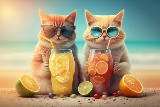 couple of cats wearing glasses with fresh juice and fruits on beach background,summer concept photo. generative ai
