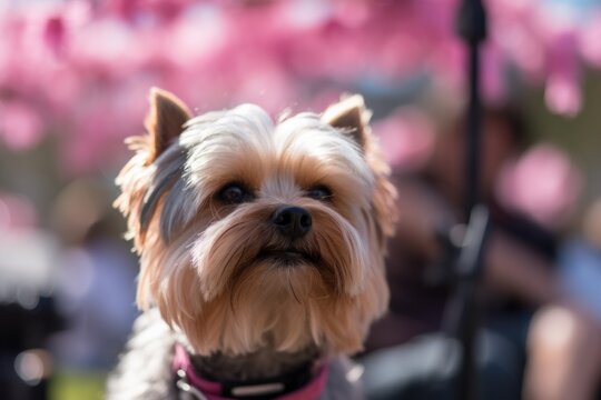 Lifestyle portrait photography of a happy yorkshire terrier being at a concert against cherry blossom parks background. With generative AI technology
