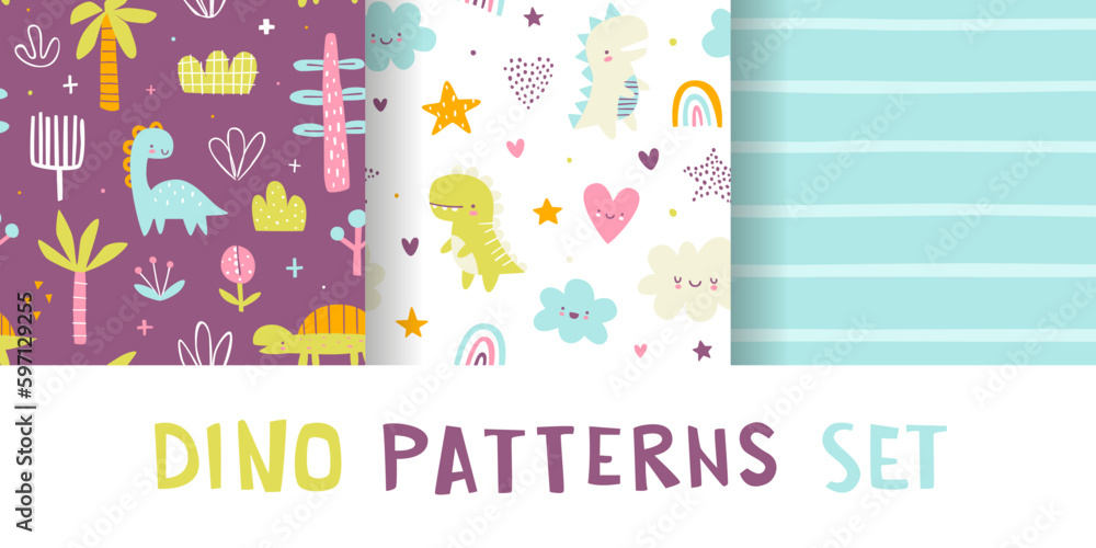 Wall mural cute jurassic pattern set with dino and plants. seamless vector print collection with abstract dinos