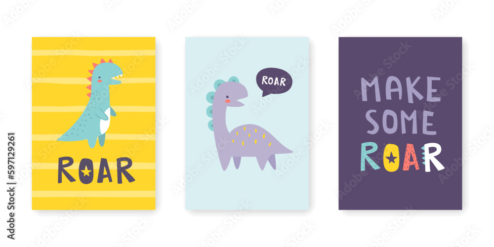 Wall mural cute dino prints set with text. posters with abstract little dinosaurs and lettering. scandinavian p