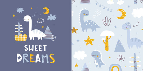Seamless pattern collection with sleeping dino. Scandinavian prints set with cute dinosaurs for kids bedding and pajamas. © Sonium_art