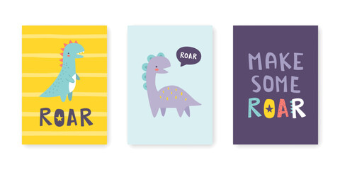 Cute dino prints set with text. Posters with abstract little dinosaurs and lettering. Scandinavian prints with baby dino.