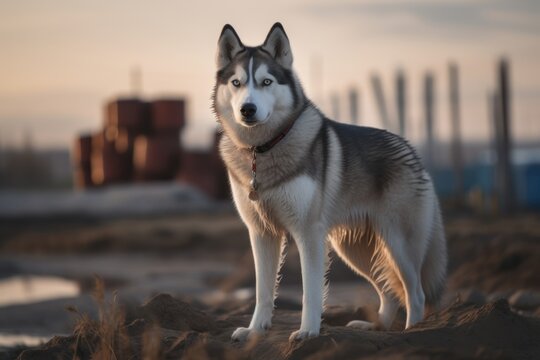 Full-length portrait photography of a happy siberian husky being with a pet fish against windmills background. With generative AI technology