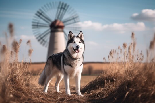 Full-length portrait photography of a happy siberian husky being with a pet fish against windmills background. With generative AI technology