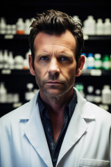 Fototapeta premium In the haven of healing, a 42-year-old experienced Caucasian pharmacist stood, a guardian of wellness, his wisdom dispensed like potions to mend the ailing. Generative AI
